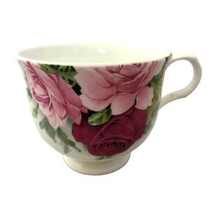 Crown Trent England Cabbage Rose White Fine Bone China Footed Tea Cup Coffee Mug